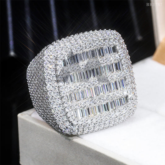 Мужское кольцо из стерлингового серебра 925 пробы с квадратным льдом и бриллиантами багетной огранки VVS Moissanite Diamond
