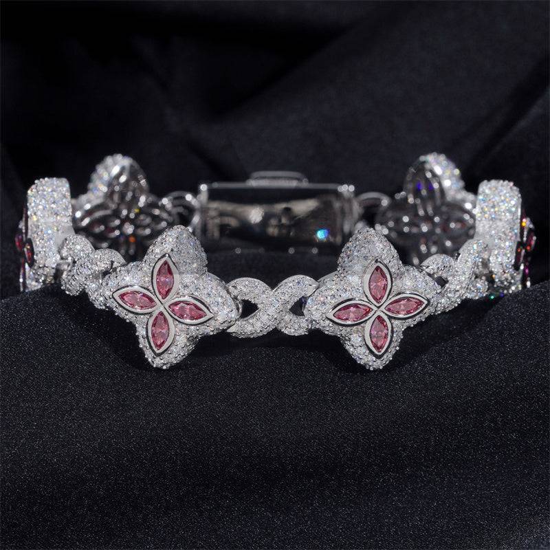 Iced Out Hip Hop 925 Silver 18MM Width Pink Moissanite Clover Infinity Link Bracelet