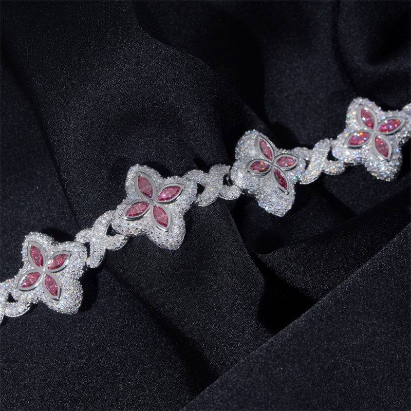 Iced Out Hip Hop 925 Silver 18MM Width Pink Moissanite Clover Infinity Link Bracelet