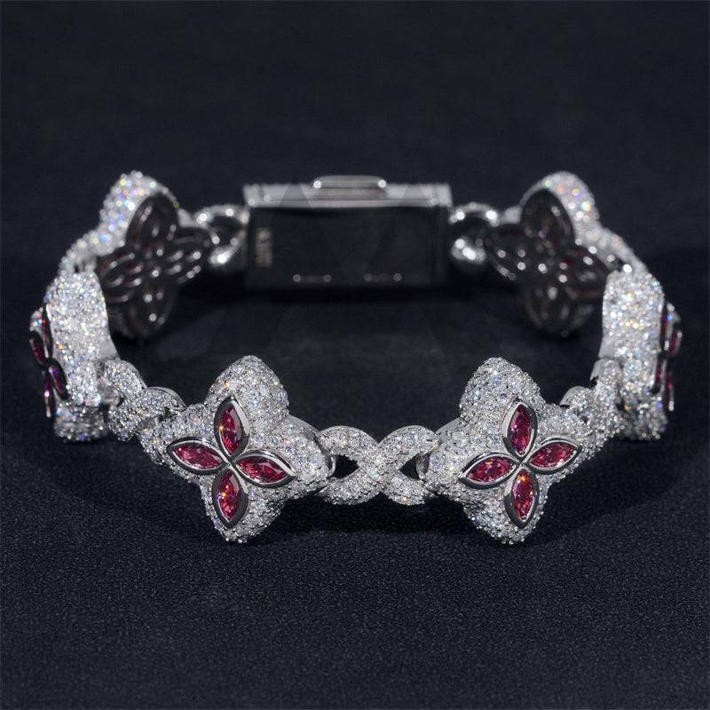 Iced Out Hip Hop 925 Silver 18MM Width Pink Moissanite Clover Infinity Link Bracelet