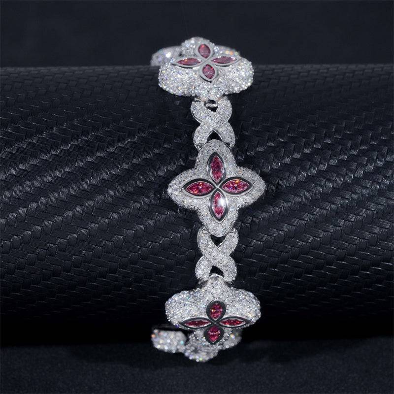 Iced Out Hip Hop 925 Silver 18MM Width Pink Moissanite Clover Infinity Link Bracelet