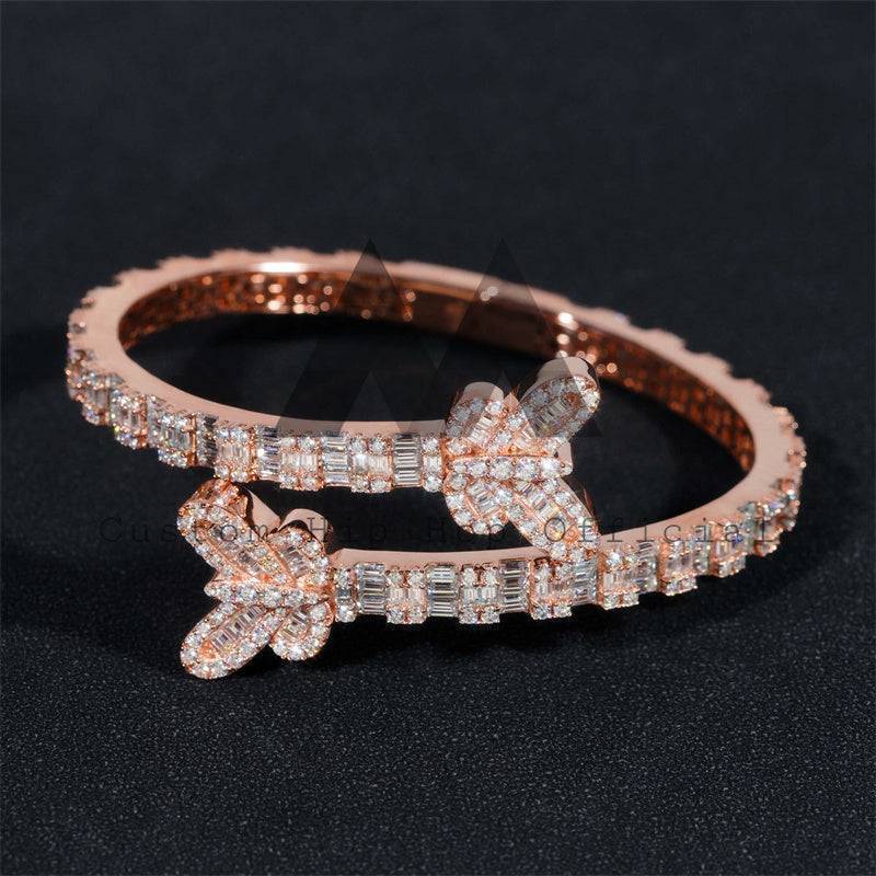 Iced Out Rose Gold Plated Sterling Silver Butterfly Bangle with Moissanite Baguette Cut Hip Hop Jewelry3