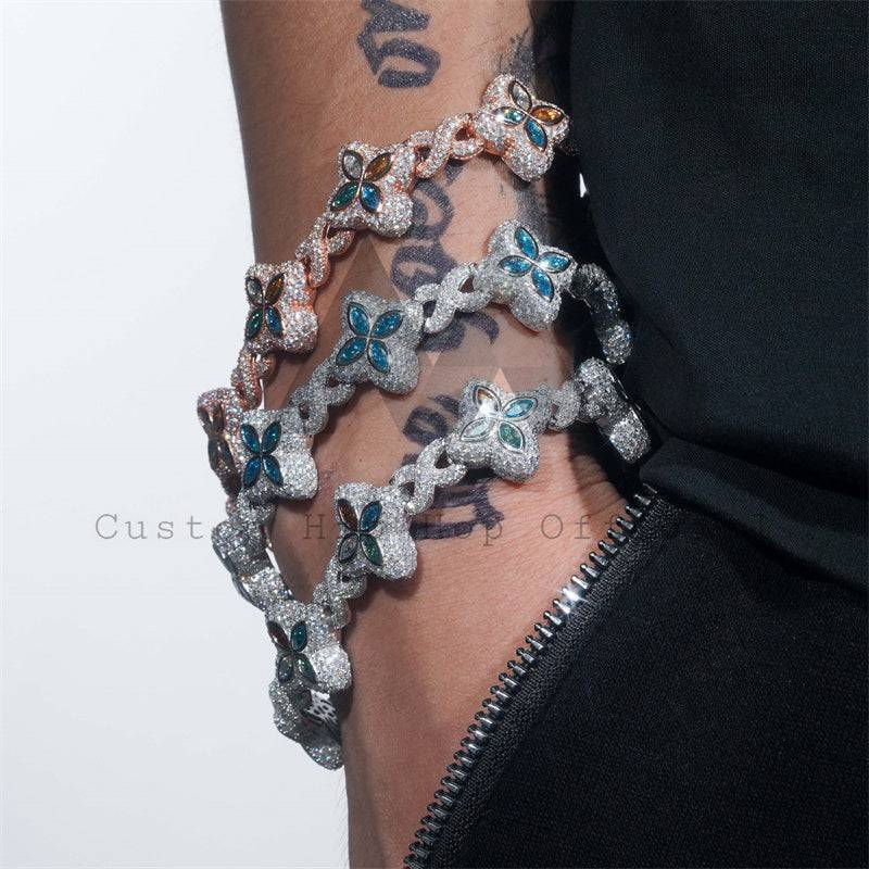 18MM Sterling Silver Iced Out Moissanite Clover Bracelet Hip Hop Jewelry