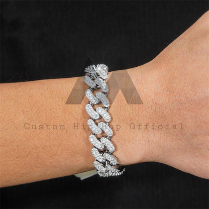 15MM Three Stone Design Solid Silver Moissanite Diamond Cuban Link Bracelet Hip Hop Jewelry2