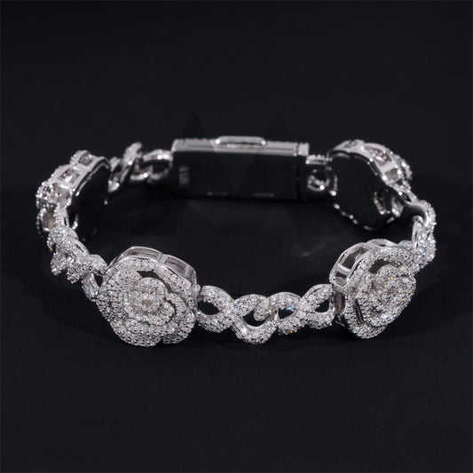 Sterling Silver 925 Rose Flower Infinity Link Bracelet VVS Moissanite Diamond For Men And Women