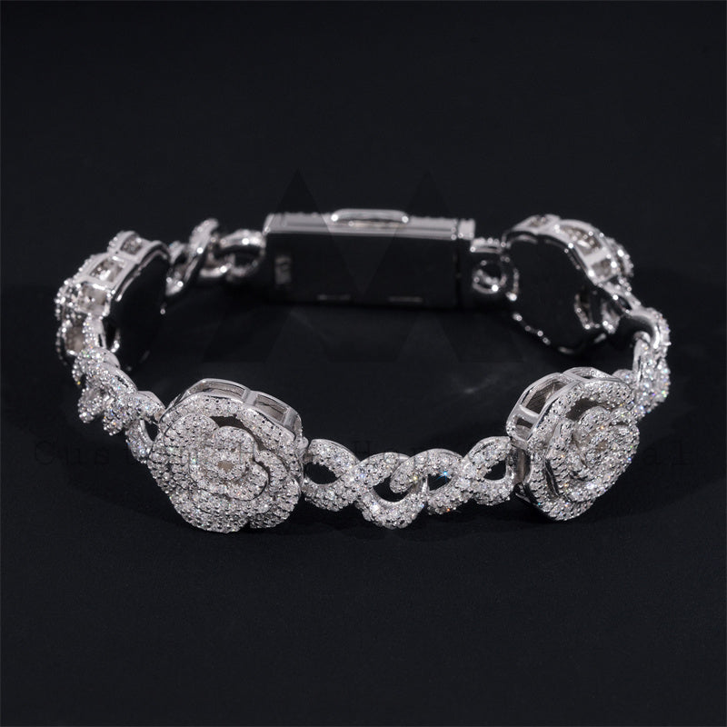 Sterling Silver 925 Rose Flower Infinity Link Bracelet with VVS Moissanite Diamond Hip Hop Jewelry for Men and Women