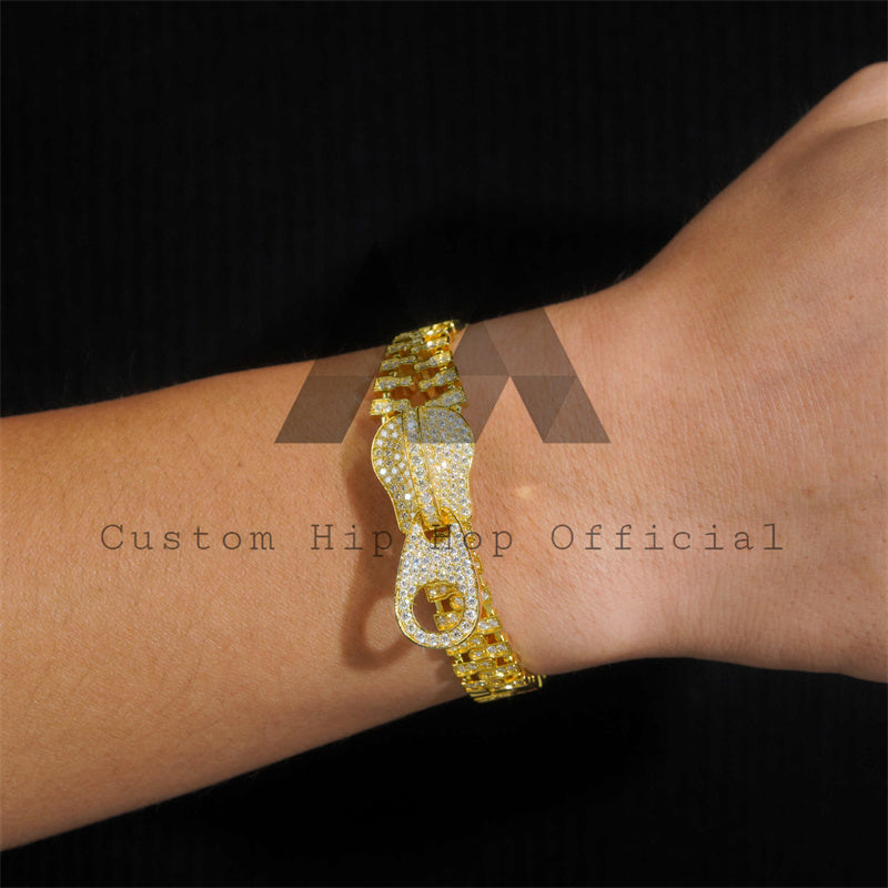 Fashion unique design yellow gold plated sterling silver moissanite zip link bracelet iced out hip hop jewelry for men1