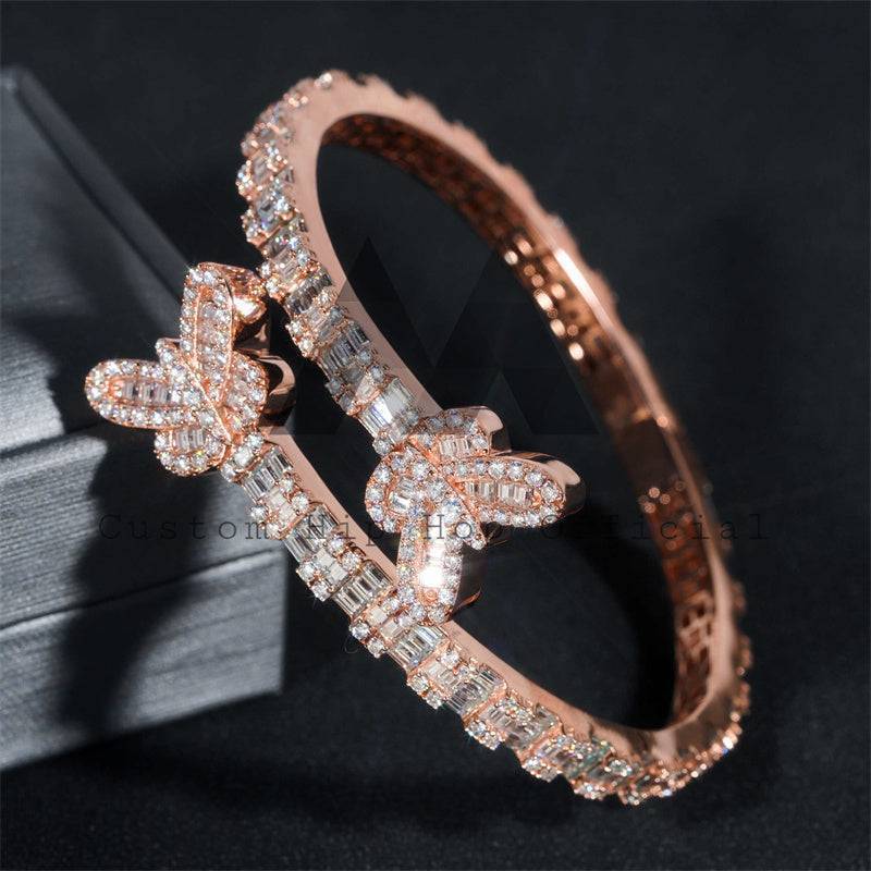 Iced Out Rose Gold Plated Sterling Silver Butterfly Bangle with Moissanite Baguette Cut Hip Hop Jewelry2