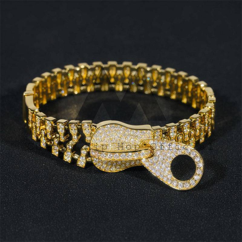 Fashion unique design yellow gold plated sterling silver moissanite zip link bracelet iced out hip hop jewelry for men0