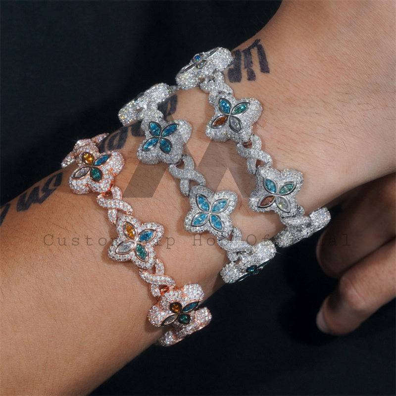 18MM Sterling Silver Iced Out Moissanite Clover Bracelet Hip Hop Jewelry