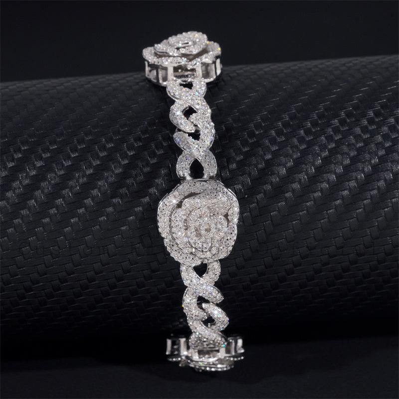 Sterling Silver 925 Rose Flower Infinity Link Bracelet VVS Moissanite Diamond For Men And Women