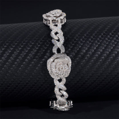 Sterling Silver 925 Rose Flower Infinity Link Bracelet VVS Moissanite Diamond For Men And Women