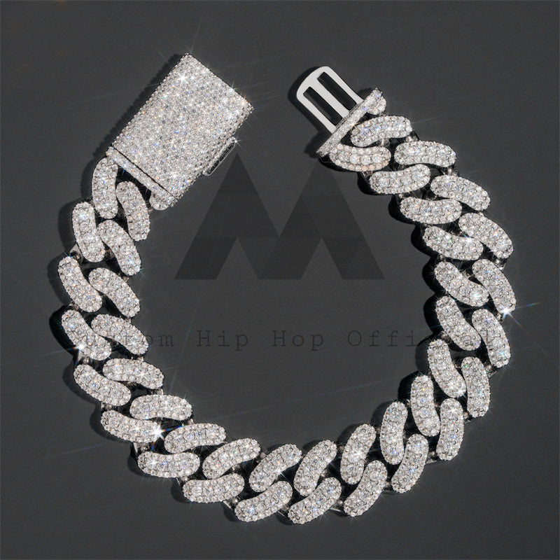 15MM Three Stone Design Solid Silver Moissanite Diamond Cuban Link Bracelet Hip Hop Jewelry1