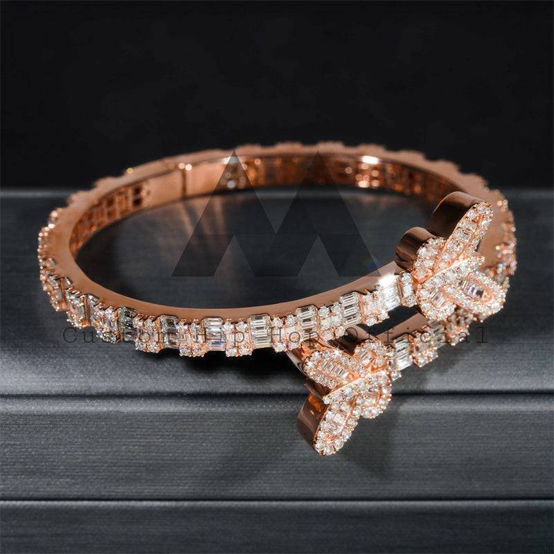 Iced Out Rose Gold Plated Sterling Silver Butterfly Bangle with Moissanite Baguette Cut Hip Hop Jewelry0