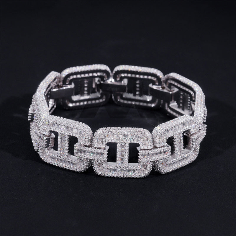 925 Sterling Silver 18MM Width Baguette Mariner Link Bracelet With VVS Moissanite