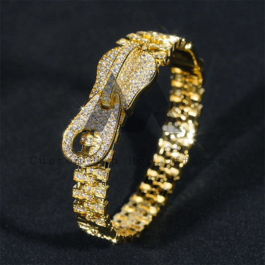 Fashion unique design yellow gold plated sterling silver moissanite zip link bracelet iced out hip hop jewelry for men2