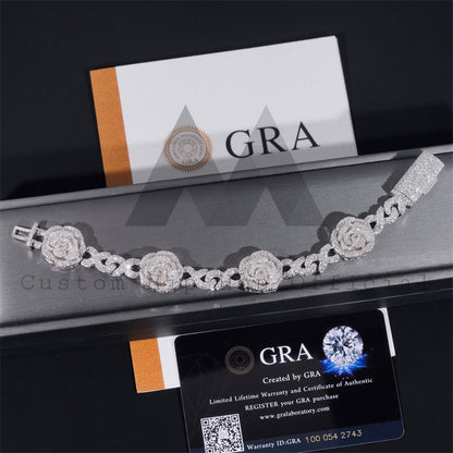 Sterling Silver 925 Rose Flower Infinity Link Bracelet VVS Moissanite Diamond For Men And Women