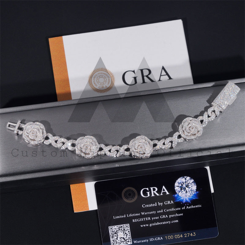 Sterling Silver 925 Rose Flower Infinity Link Bracelet with VVS Moissanite Diamond Hip Hop Jewelry for Men and Women