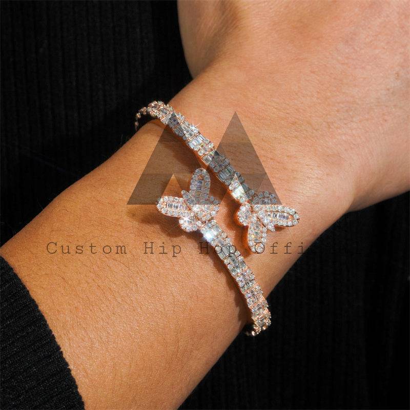 Iced Out Rose Gold Plated Sterling Silver Butterfly Bangle with Moissanite Baguette Cut Hip Hop Jewelry4