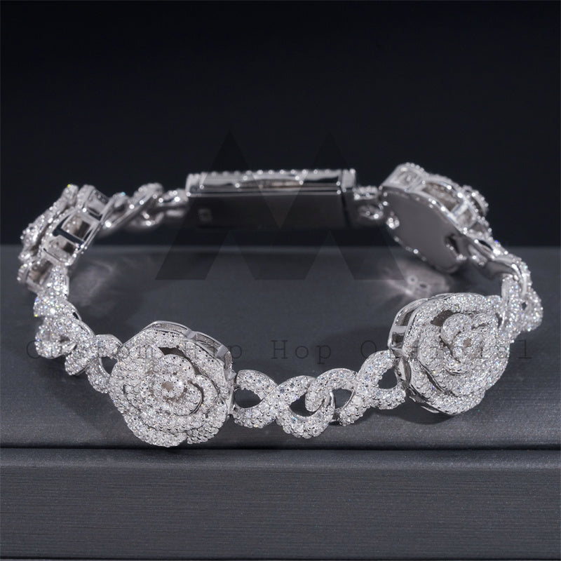 Sterling Silver 925 Rose Flower Infinity Link Bracelet with VVS Moissanite Diamond Hip Hop Jewelry for Men and Women