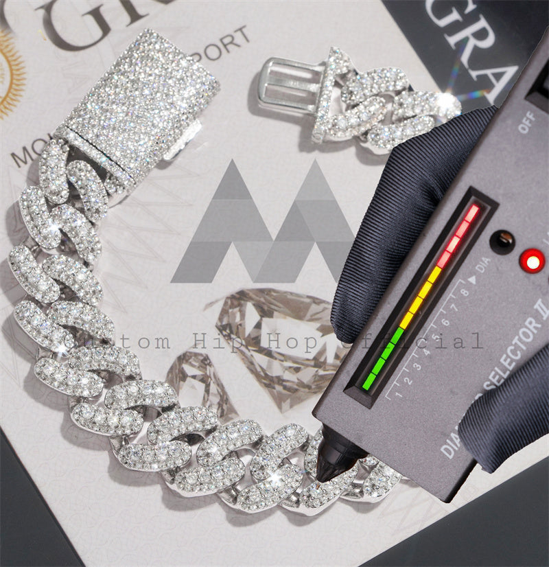 15MM Three Stone Design Solid Silver Moissanite Diamond Cuban Link Bracelet Hip Hop Jewelry4