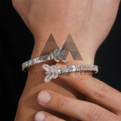 Iced Out Rose Gold Plating Sterling Silver Butterfly Bangle With Moissanite Baguette Cut