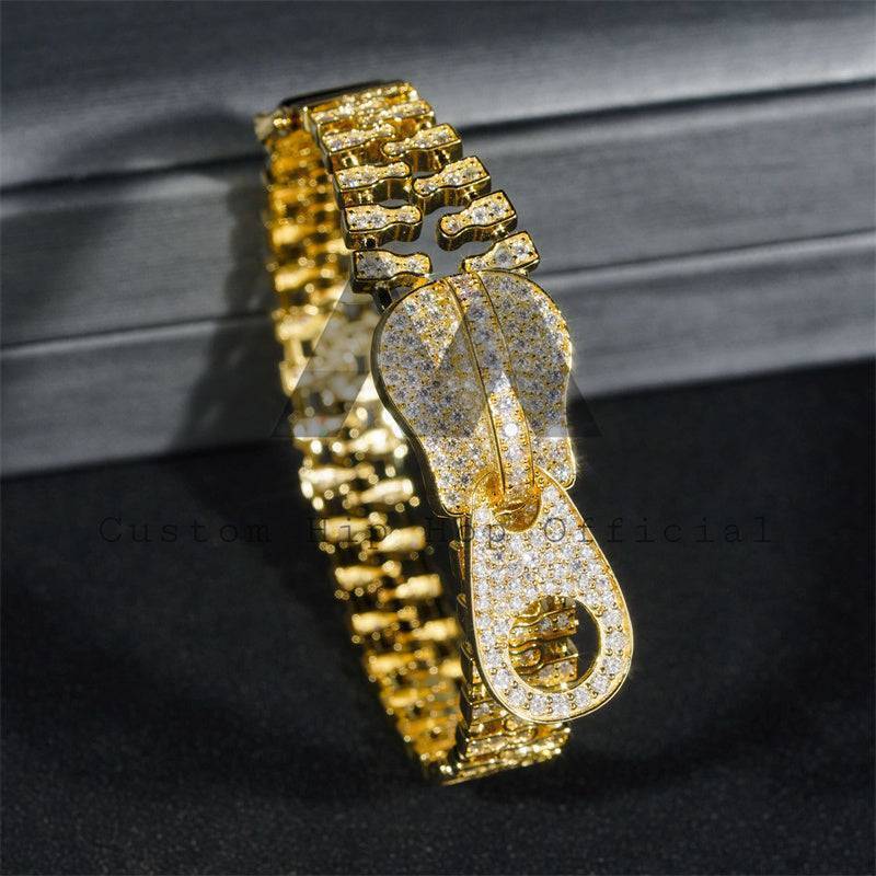 Fashion unique design yellow gold plated sterling silver moissanite zip link bracelet iced out hip hop jewelry for men4