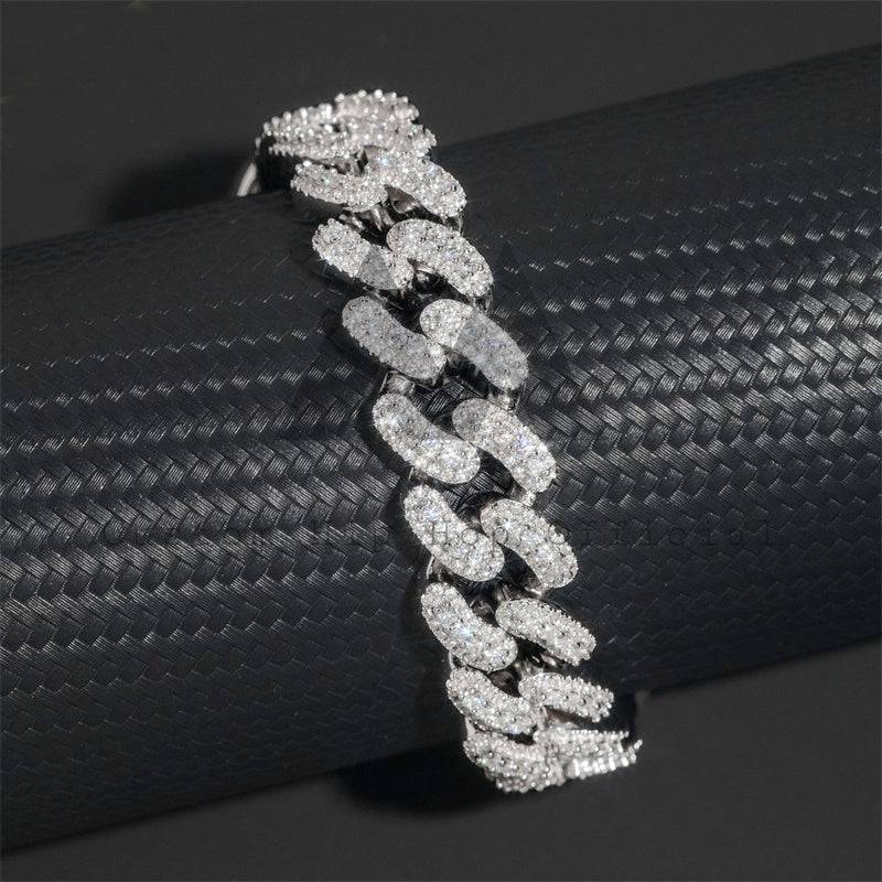 15MM Three Stone Design Solid Silver Moissanite Diamond Cuban Link Bracelet Hip Hop Jewelry0