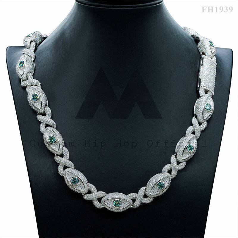 Rapper Jewelry 15MM Width Moissanite Diamond Iced Out Evil Eye Link Chain With Tiffany Blue Moissanite