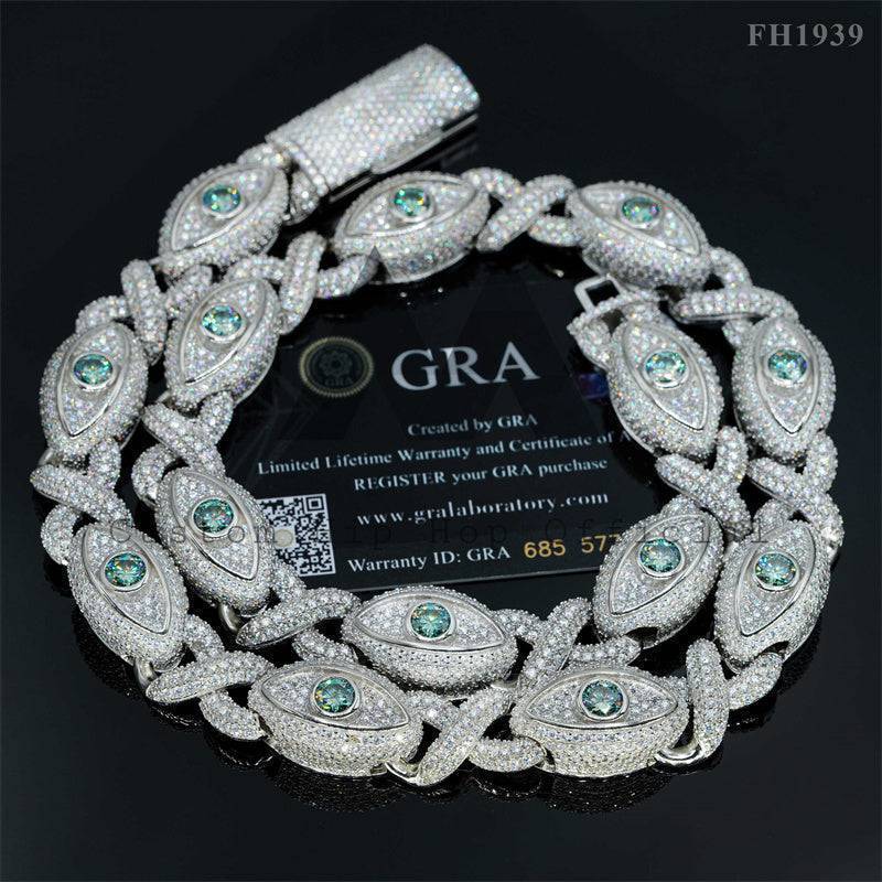 Rapper Jewelry 15MM Width Moissanite Diamond Iced Out Evil Eye Link Chain With Tiffany Blue Moissanite