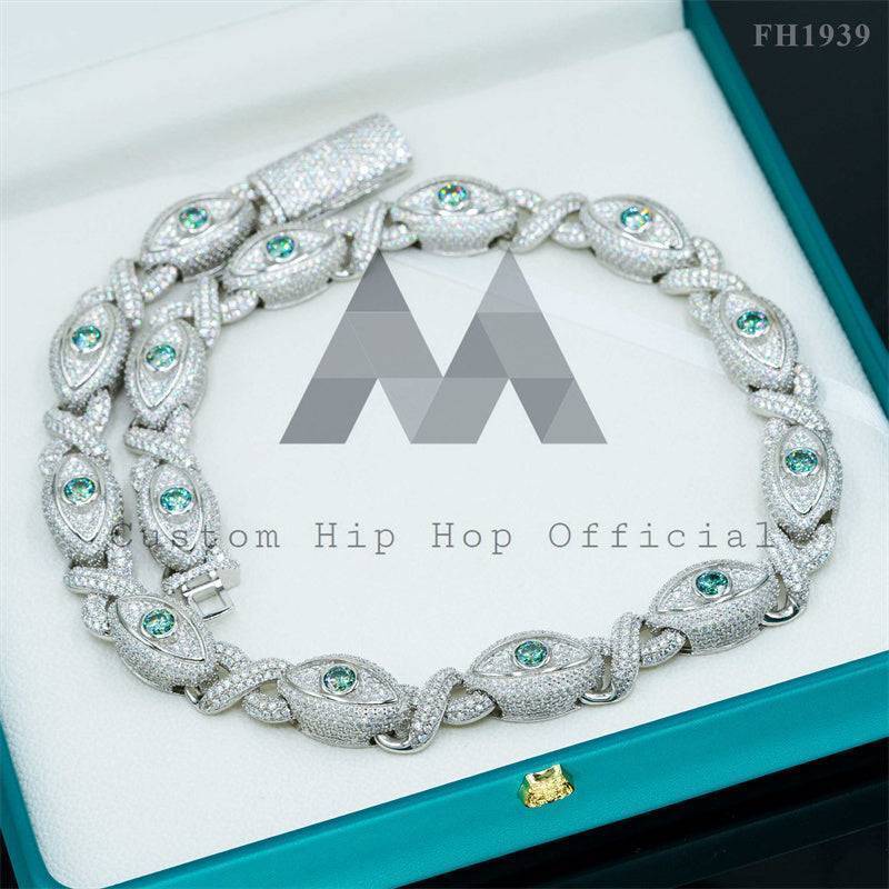 Rapper Jewelry 15MM Width Moissanite Diamond Iced Out Evil Eye Link Chain With Tiffany Blue Moissanite