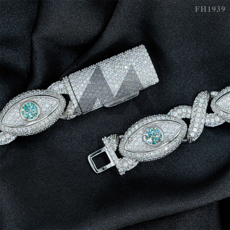 Ювелирные изделия в стиле рэпер, цепочка из звеньев с муассанитом шириной 15 мм и бриллиантами, ледяным сглазом, с синим муассанитом Тиффани