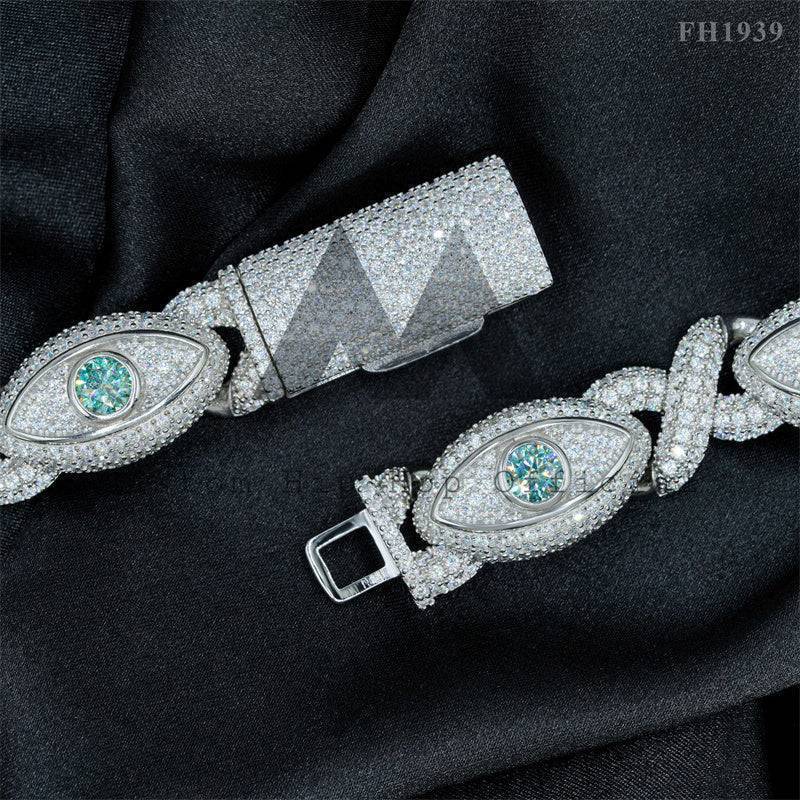 Rapper Jewelry 15MM Width Moissanite Diamond Iced Out Evil Eye Link Chain With Tiffany Blue Moissanite