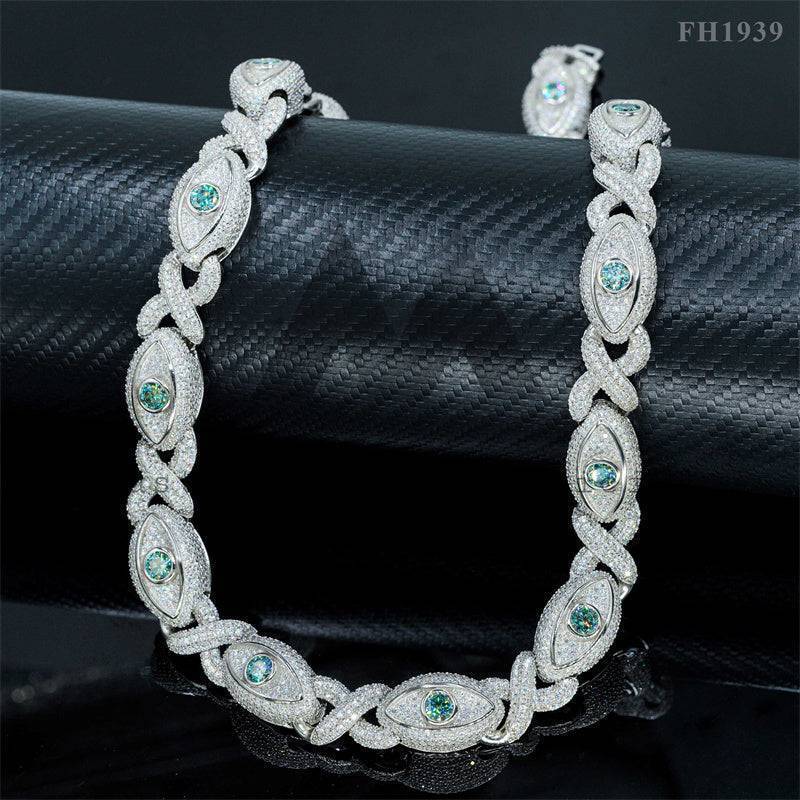 Rapper Jewelry 15MM Width Moissanite Diamond Iced Out Evil Eye Link Chain With Tiffany Blue Moissanite