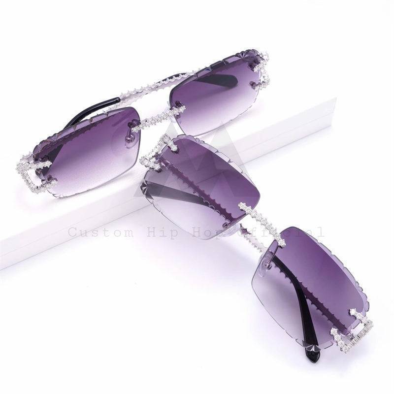 Men's Iced Out Moissanite Diamond Sunglasses, 925 Silver, Purple Lens, Hip Hop Style