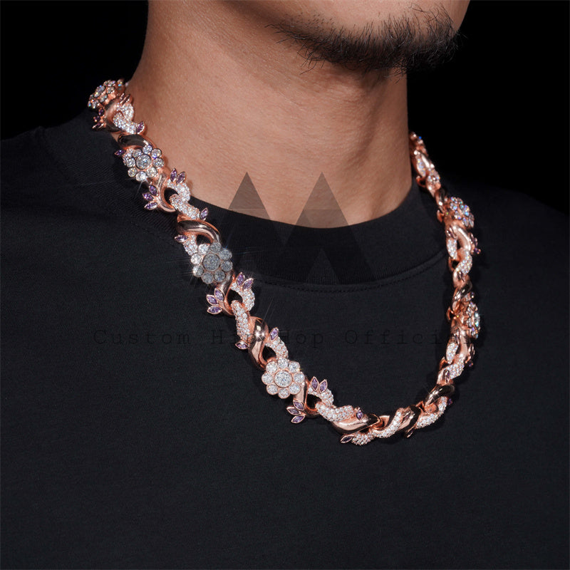 Rose Gold Plated 925 Sterling Silver Iced Out 18MM Flower Link Moissanite Chain For Men