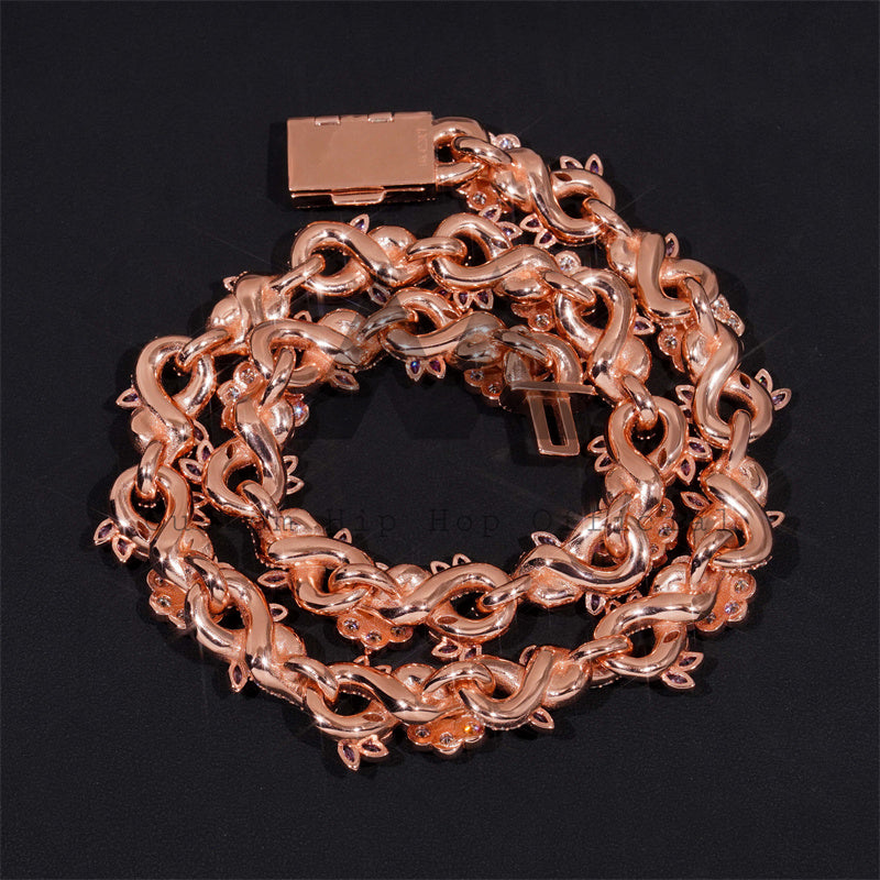 Rose Gold Plated 925 Sterling Silver Iced Out 18MM Flower Link Moissanite Chain For Men