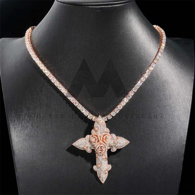 Ouro rosa 2,5" alto gelado estilo flor pingente cruzado VVS Moissanite diamante