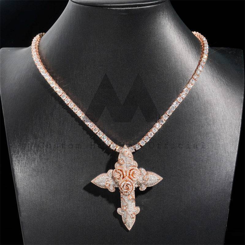 Rose Gold 2.5 inch Tall Iced Out Flower Style Cross Pendant with VVS Moissanite Diamonds hip hop jewelry