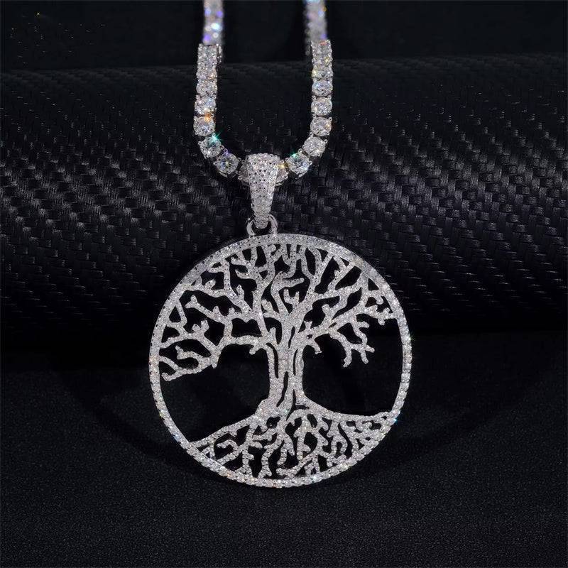 Solid Silver 2" Width Tree of Live Moissanite Diamond Pendant Fit For 4MM Tennis Chain