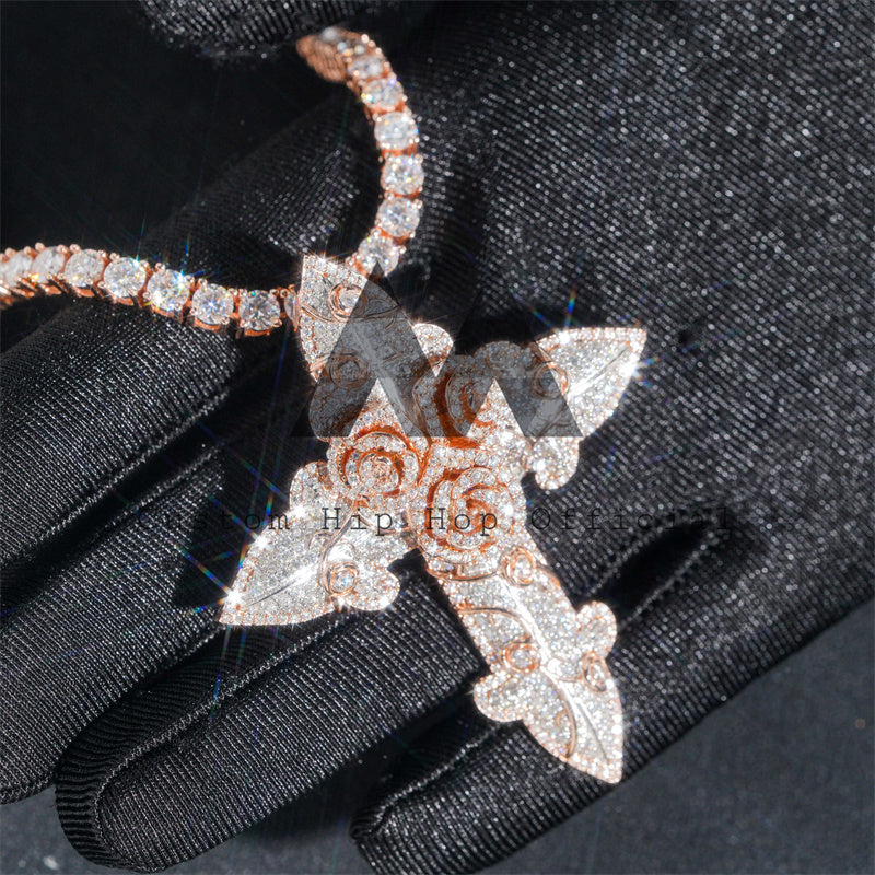 Rose Gold 2.5" Tall Iced Out Flower Style Cross Pendant VVS Moissanite Diamond