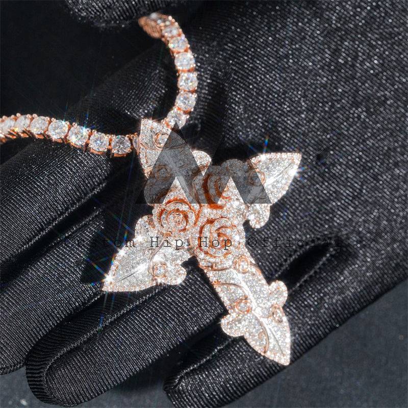 Rose Gold 2.5 inch Tall Iced Out Flower Style Cross Pendant with VVS Moissanite Diamonds hip hop jewelry