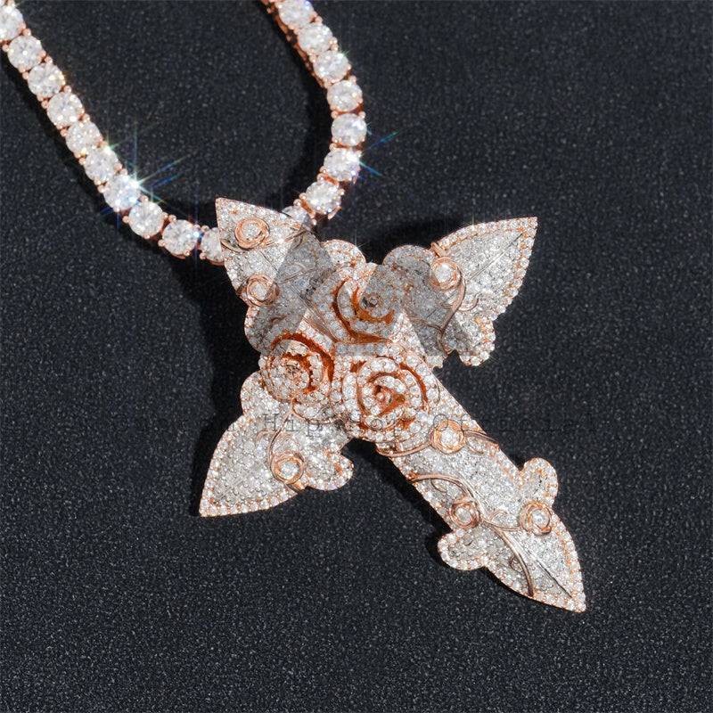 Rose Gold 2.5 inch Tall Iced Out Flower Style Cross Pendant with VVS Moissanite Diamonds hip hop jewelry