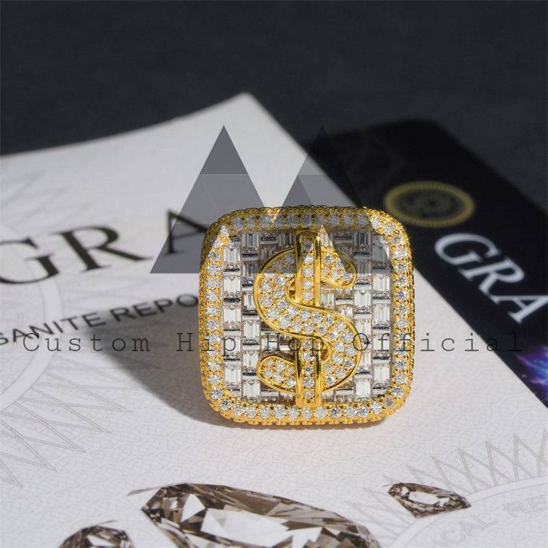 Luxurious hip hop jewelry ring with gold band and diamond grid on white background