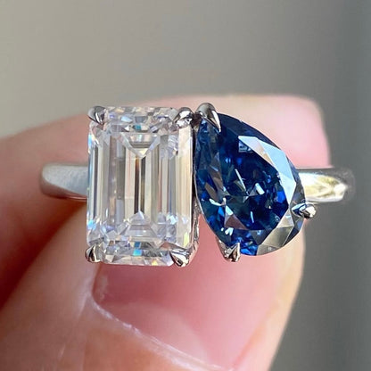 Модный дизайн, белое смешанное кольцо с сапфиром, синим муассанитом, дизайн с двумя камнями, белое золото 1 К, 14 К, 18 К