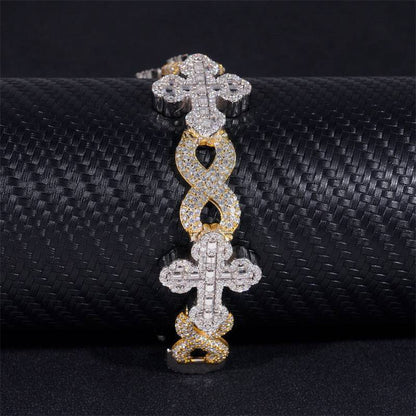 15MM Yellow Gold Mix White Gold 925 Silver Iced Out Moissanite Infinity Link Cross Bracelet