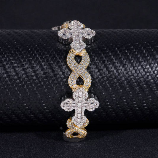 Hip hop jewelry featuring 15MM yellow and white gold 925 silver iced out moissanite infinity link cross bracelet