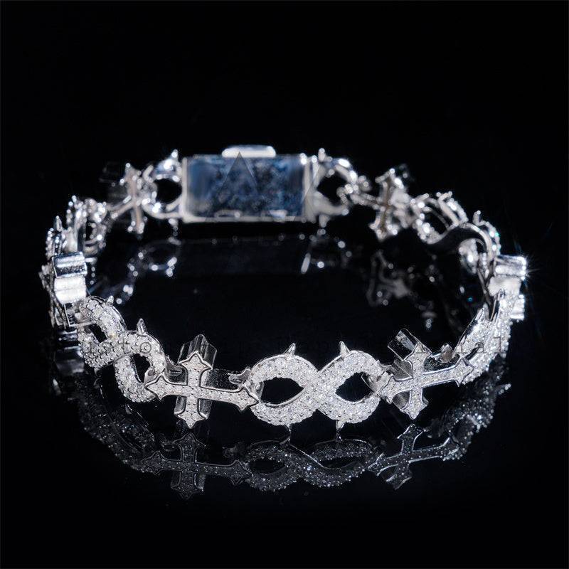 Men Jewelry Iced Out 13MM Width Silver Moissanite Infinity Link Bracelet With Cross Charm