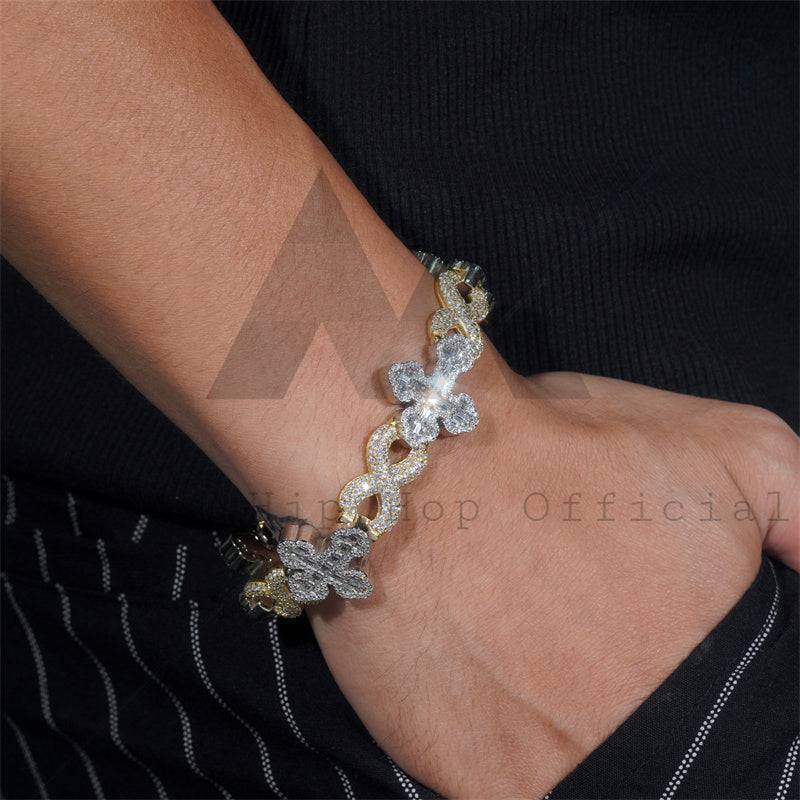 Hip hop jewelry featuring 15MM yellow and white gold 925 silver iced out moissanite infinity link cross bracelet