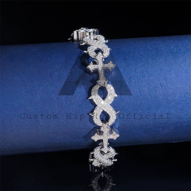 Men Jewelry Iced Out 13MM Width Silver Moissanite Infinity Link Bracelet With Cross Charm